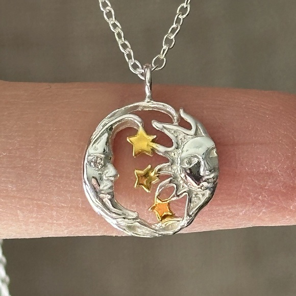 Sterling Silver Two Tone Moon and Stars Celestial Necklace - Picture 10 of 10